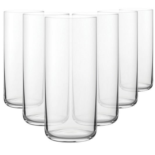 Set of six Glassware UK Finesse long drink glasses, 350ml whisky tumblers with clear glass design, perfect for enjoying beverages.