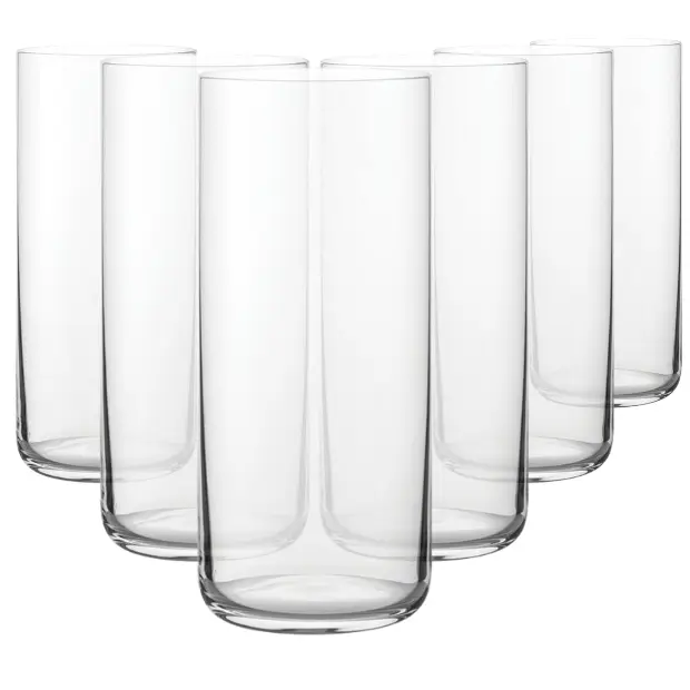 Set of six Finesse Long Drink Glasses, 350ml whisky tumblers by Glassware UK, clear glass with elegant design for beverages.