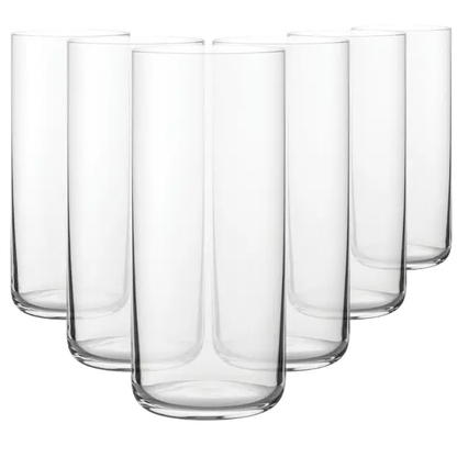 Set of six Finesse Long Drink Glasses, 350ml whisky tumblers by Glassware UK, clear glass with elegant design for beverages.