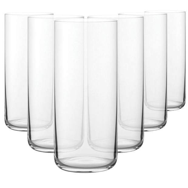 Set of six Finesse Long Drink Glasses by Glassware UK, 350ml whisky tumblers with clear glass and smooth rims.