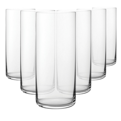 Set of six Glassware UK Finesse highball whisky tumblers, 450ml capacity, clear glass with sleek design, perfect for cocktails and beverages.