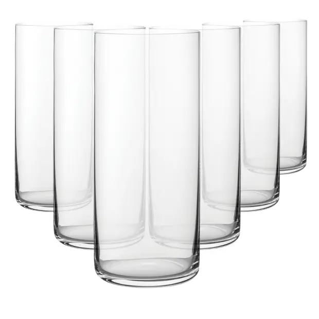 Set of six Finesse Highball Glasses, 450ml whisky tumblers by Glassware UK, clear glass with sleek design for cocktails or drinks.