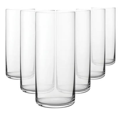 Set of six Finesse Highball Glasses, 450ml whisky tumblers by Glassware UK, clear glass with sleek design for cocktails or drinks.