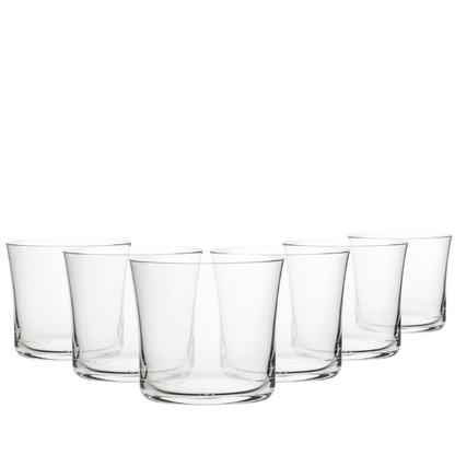Set of six Glassware UK Savage lowball whisky tumblers, 290ml each, clear glass with simple design for whiskey and spirits.
