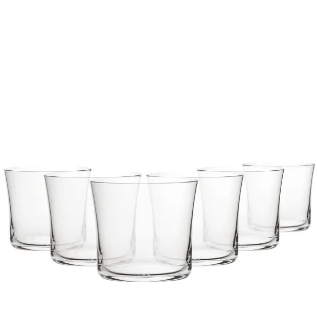 Set of six Glassware UK Savage lowball whisky tumblers, 290ml capacity, clear glass with a sleek, modern design.