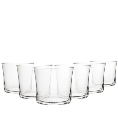 Set of six Glassware UK Savage lowball whisky tumblers, 290ml capacity, clear glass with a simple, elegant design.