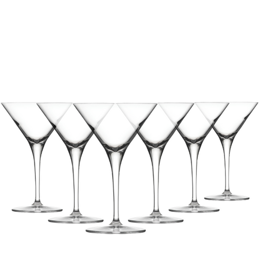 Set of six Reserva Martini cocktail glasses by Glassware UK, 235ml capacity, clear glass with elegant design.