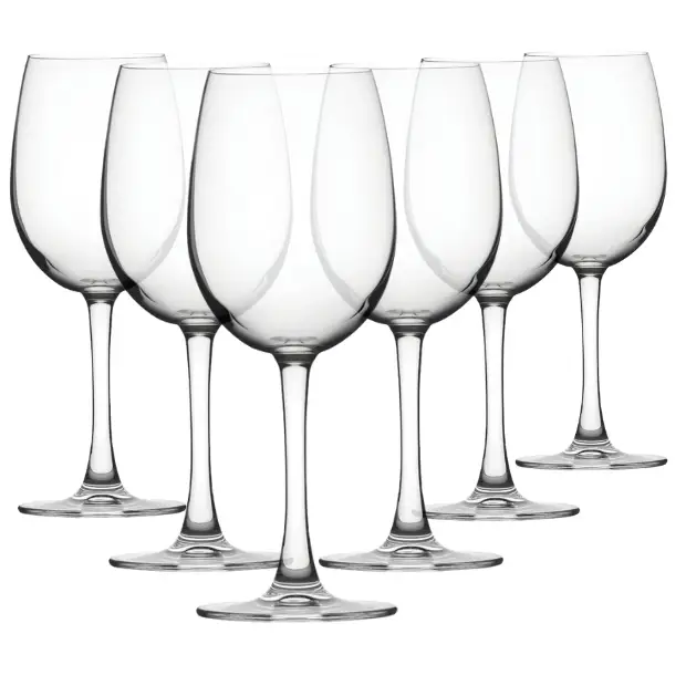 Set of six Reserva wine glasses by Glassware UK, 350ml capacity, clear glass with elegant bowl shape suitable for red or white wine.