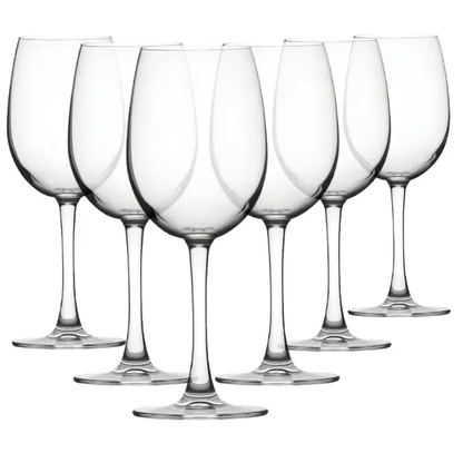 Set of six Reserva wine glasses by Glassware UK, 350ml capacity, clear glass with elegant bowl shape suitable for red or white wine.