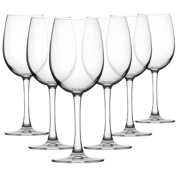 Set of six Reserva wine glasses by Glassware UK, 350ml capacity, clear crystal glassware for wine drinking.