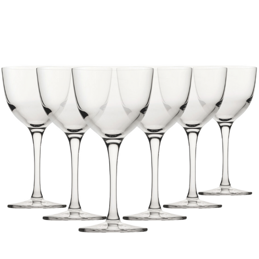 Set of six 170ml Refine Nick & Nora wine glasses by Glassware UK, clear glass with elegant stem and bowl design.