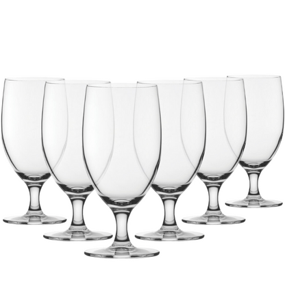 Set of six Reserva Beer Glasses tankards, 415ml capacity, made by Glassware UK, displayed on a clean surface.