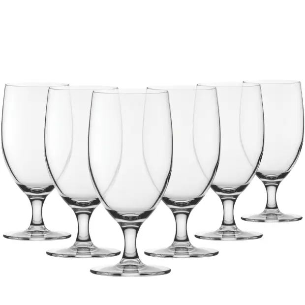 Set of six Reserva Beer Glasses tankards by Glassware UK, 415ml capacity, clear glass with handle for serving beer.
