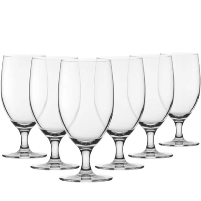 Set of six Reserva Beer Glasses tankards by Glassware UK, 415ml capacity, clear glass with handle for serving beer.