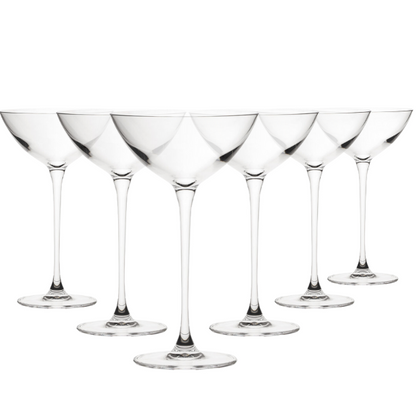 Set of six Savage Coupetini cocktail glasses by Glassware UK, 170ml, clear glass with elegant shape for drinks.
