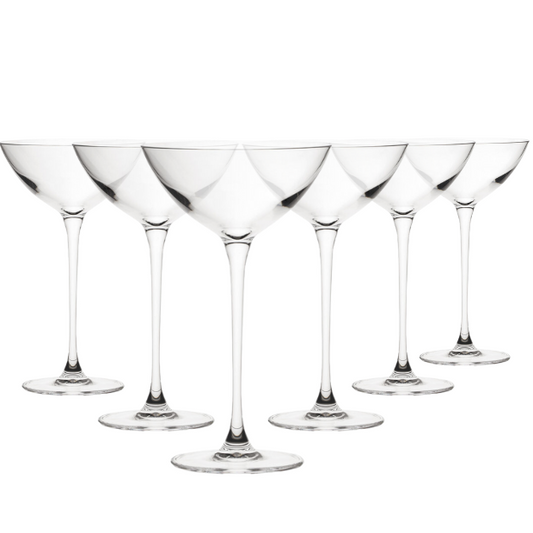 Set of six Savage Coupetini cocktail glasses by Glassware UK, 170ml, clear glass with elegant shape for drinks.