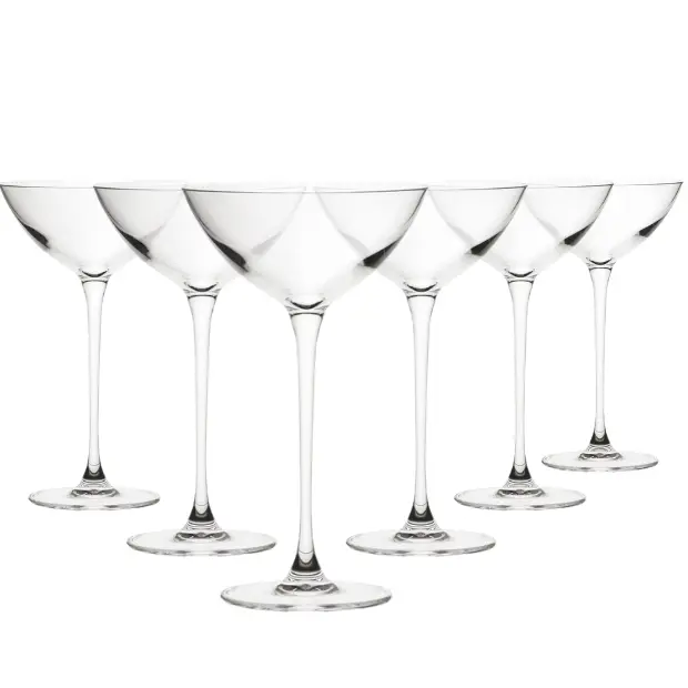 Set of six Savage Coupetini cocktail glasses by Glassware UK, 170ml, clear glass with elegant stem and wide bowl.