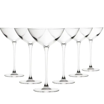 Set of six Savage Coupetini cocktail glasses by Glassware UK, 170ml, clear glass with elegant stem and wide bowl.
