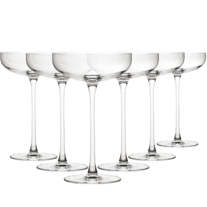Set of six Savage coupe glasses by Glassware UK, 220ml cocktail glasses with elegant, clear design perfect for serving drinks.