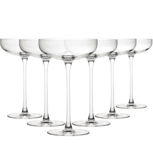 Set of six Savage coupe glasses by Glassware UK, 220ml cocktail glasses with elegant, clear design perfect for serving drinks.
