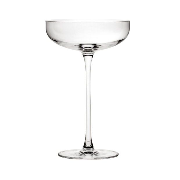 Set of six Savage Coupe Cocktail Glasses by Glassware UK, 220ml, clear glass with elegant wide bowls and short stems.