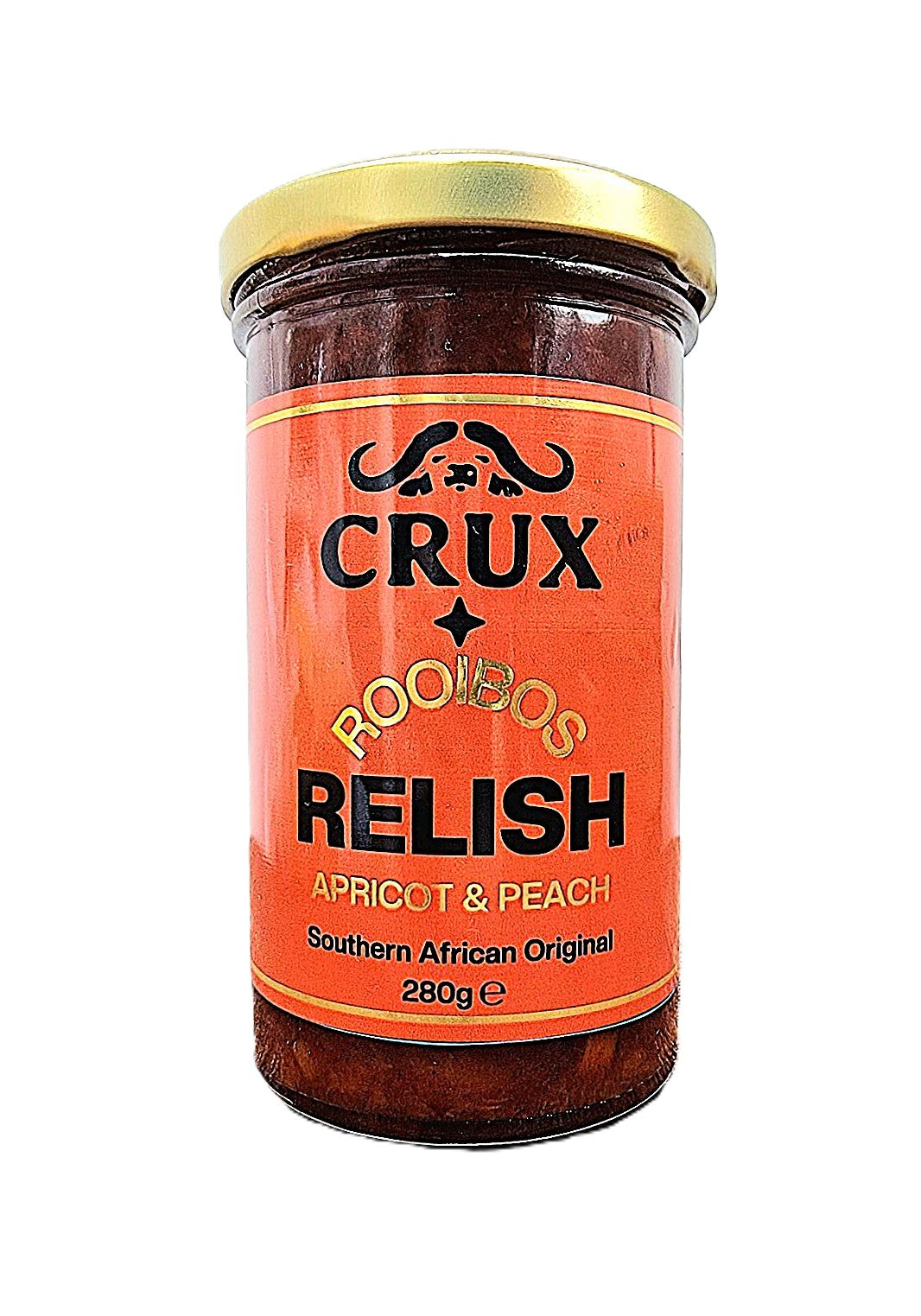Crux BBQ Roobois Apricot & Peach Relish jar showing the colorful relish with chunks of apricot and peach in a glass jar.