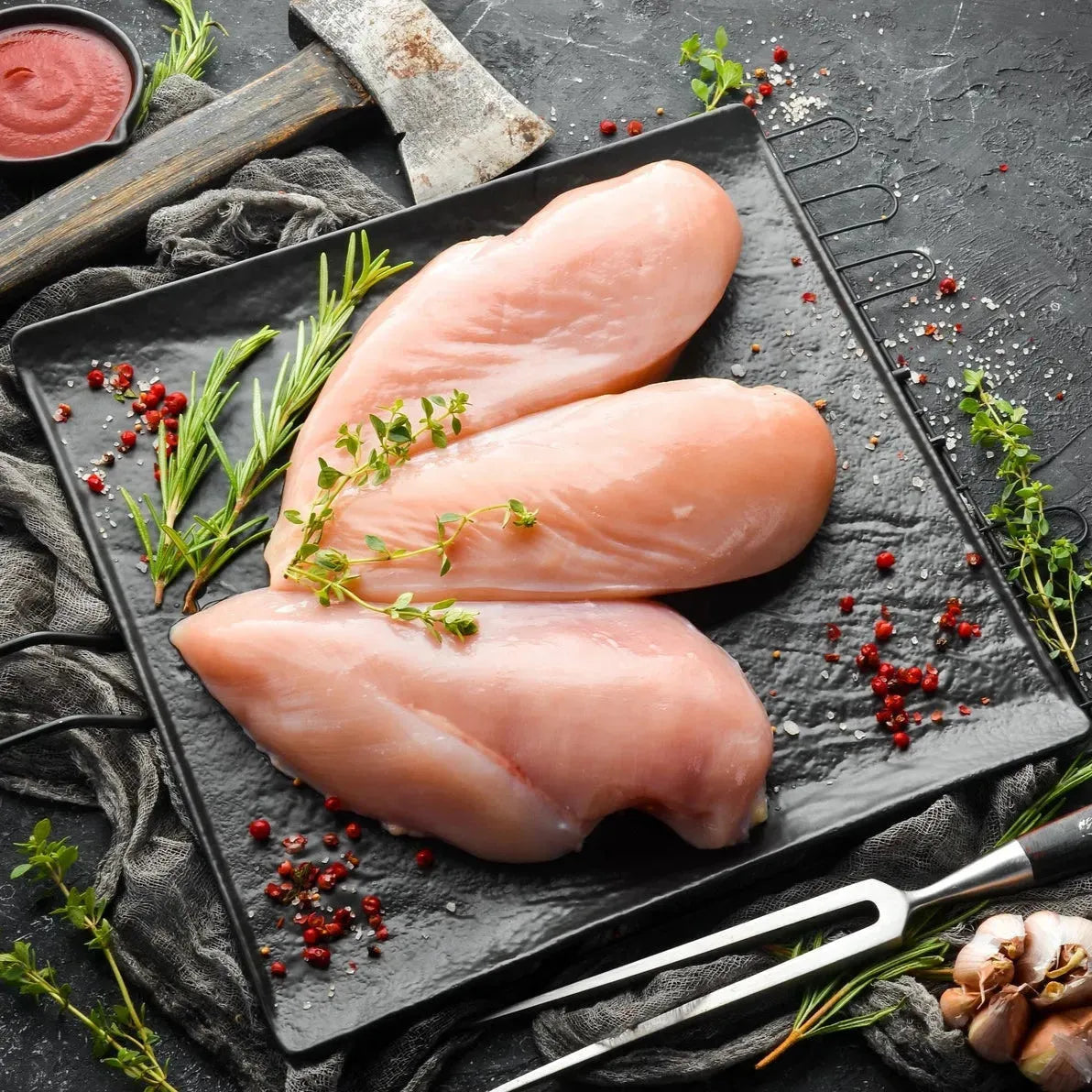 Fresh Primrose Herd Creedy Carver free-range chicken breasts, raw and skinless, displayed on a white surface.