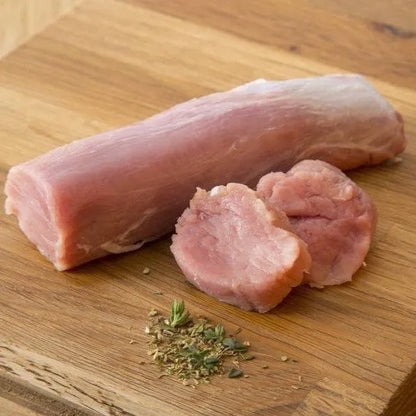 Primrose Herd Cornish outdoor-reared pork tenderloin, fresh and raw, ready for cooking.
