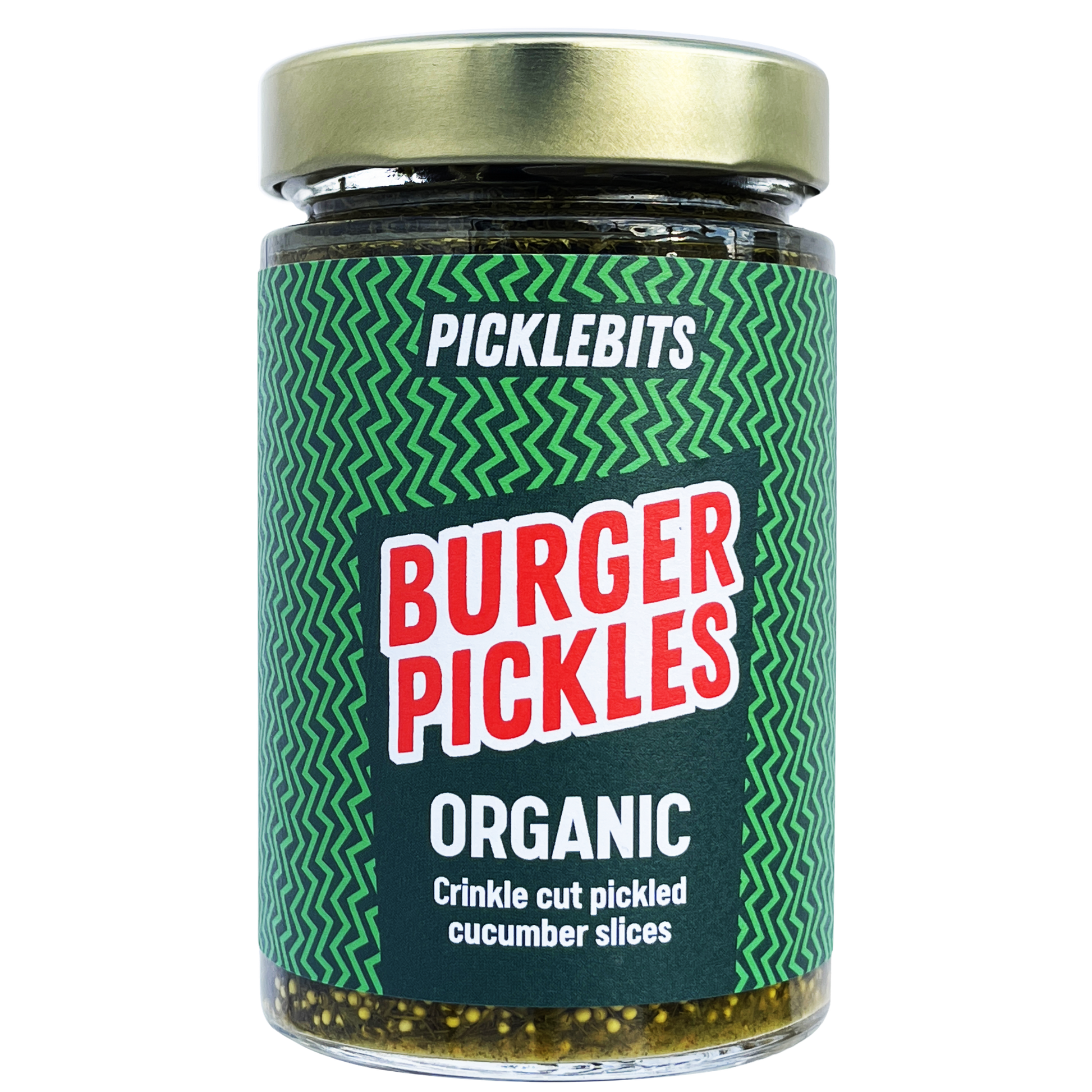 Jar of PICKLEBITS organic dill and garlic burger pickles with slices of pickles visible inside the jar.