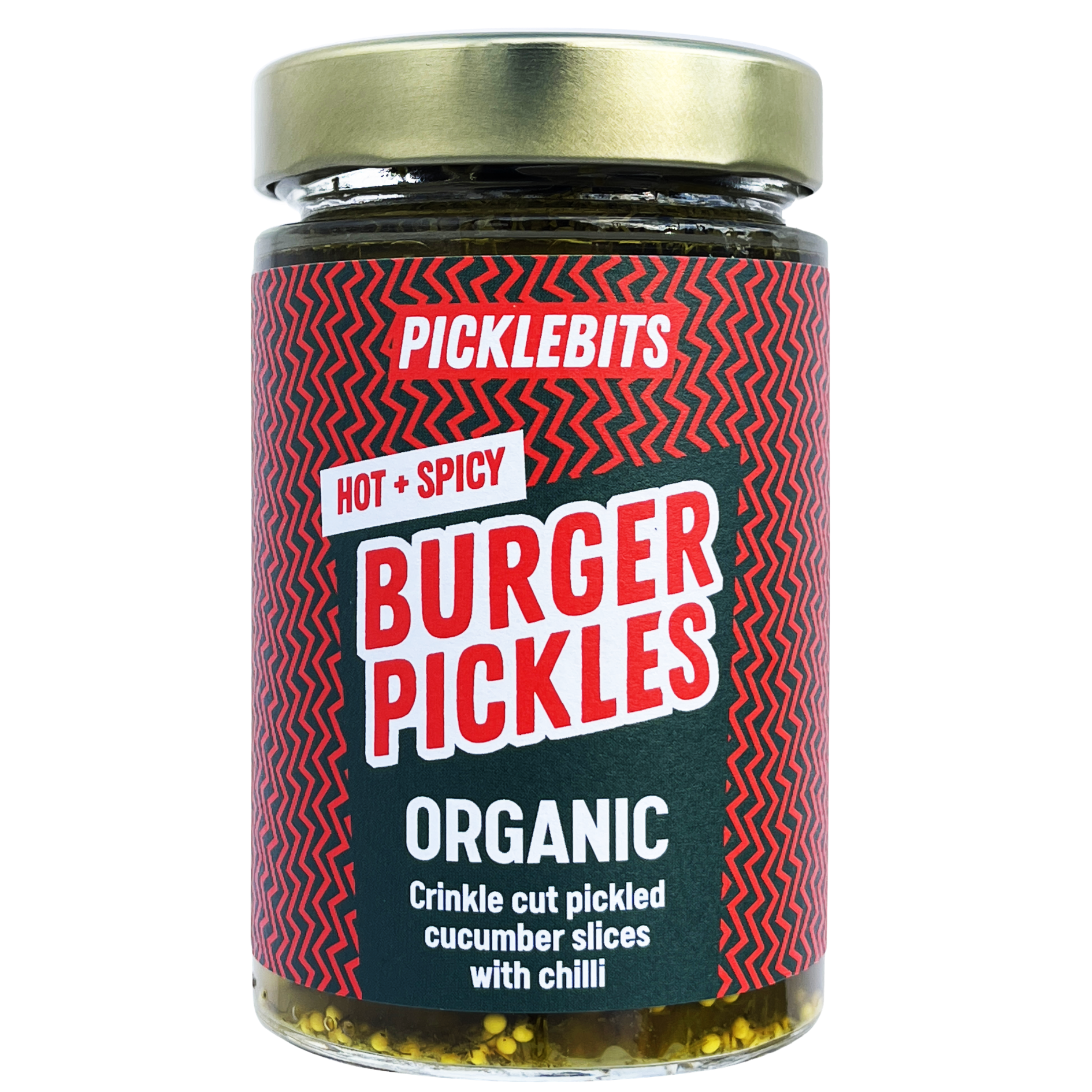 Spicy organic burger pickles from PICKLEBITS, showing a jar filled with hot and spicy sliced pickles on a white background.