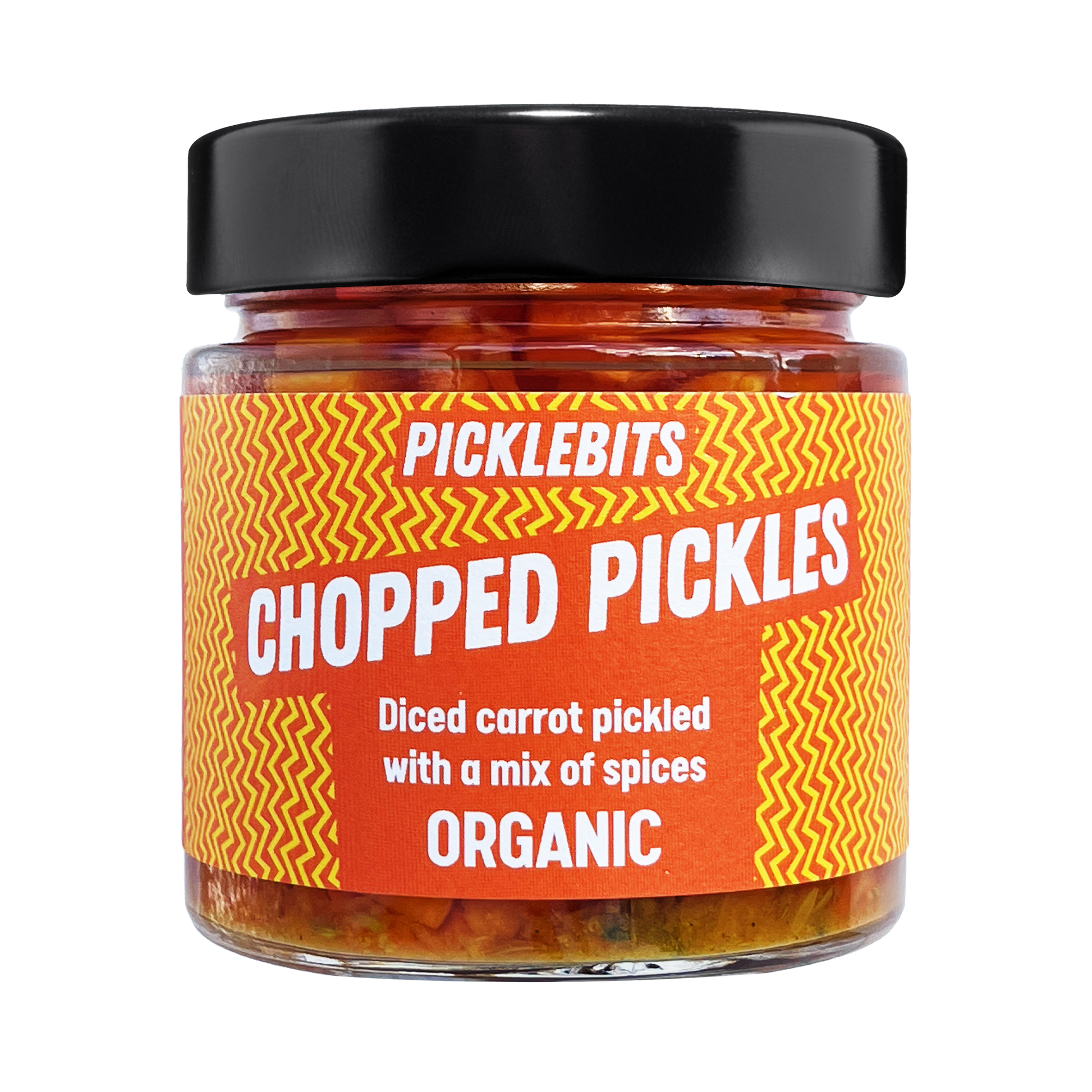 Jar of PICKLEBITS pickled carrots with a vibrant label with black lid.