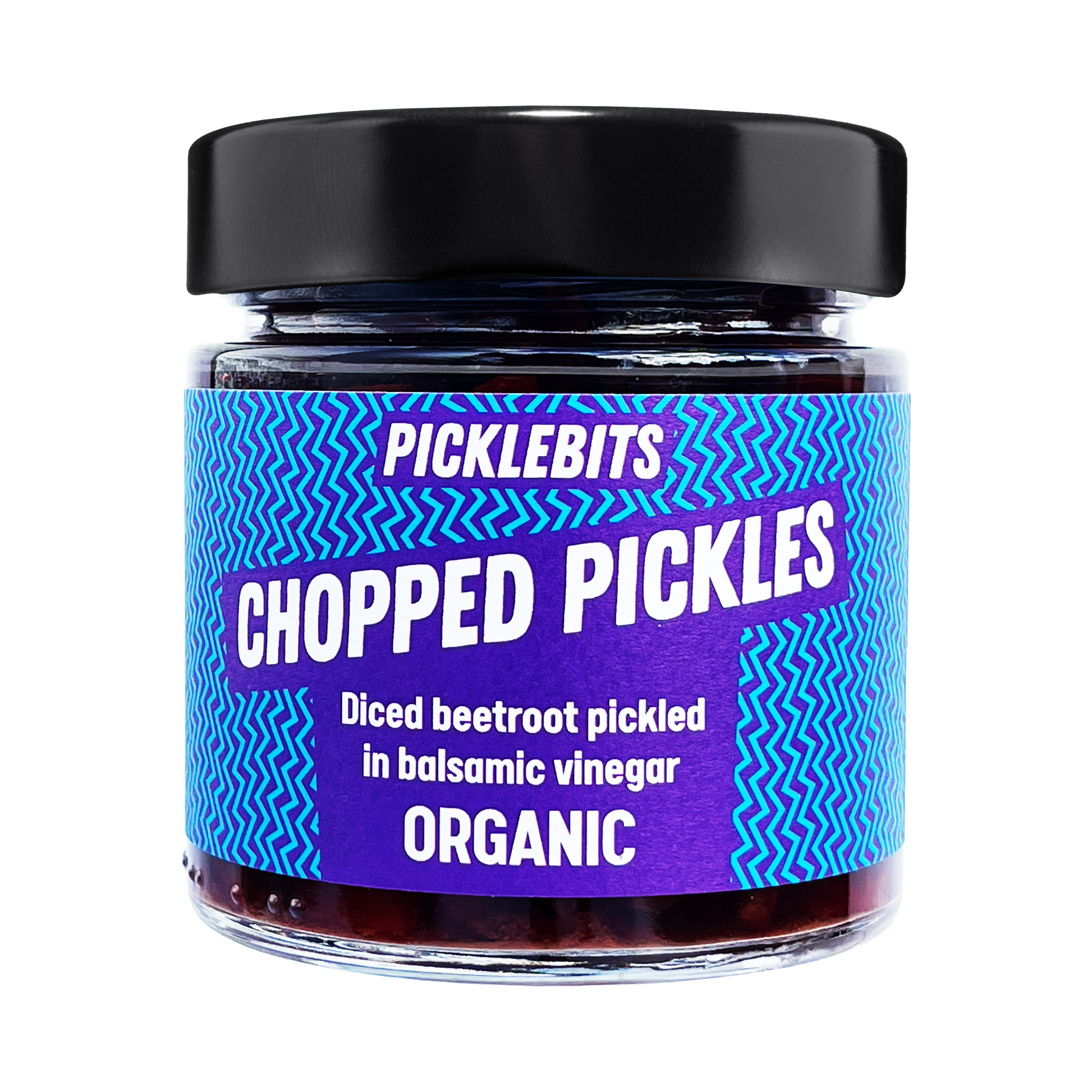 Organic chopped balsamic pickled beetroot in a glass jar, vibrant red beetroot pieces with balsamic marinade from PICKLEBITS.