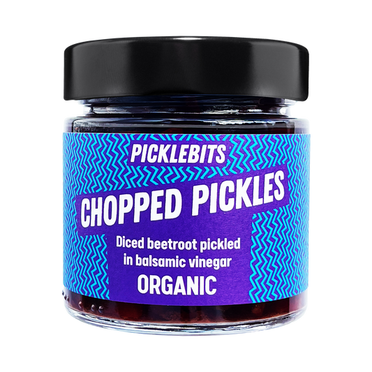 Organic chopped balsamic pickled beetroot in a glass jar, vibrant red beetroot pieces with balsamic marinade from PICKLEBITS.