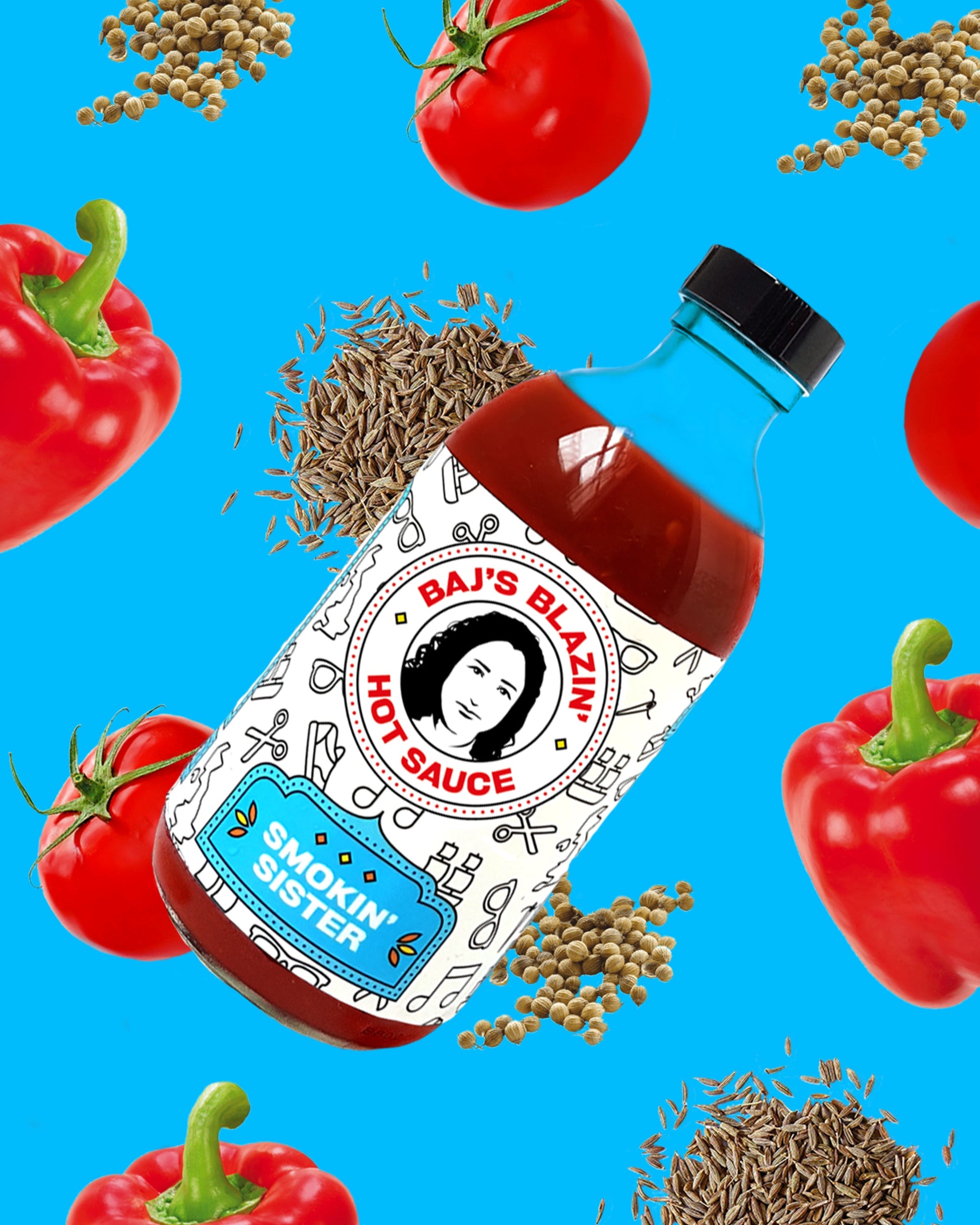 Bajs Blazin’ Hot Sauce Artisan Smokin' Sister hot sauce bottle, 300ml, with fiery red label and spicy flavor indication.