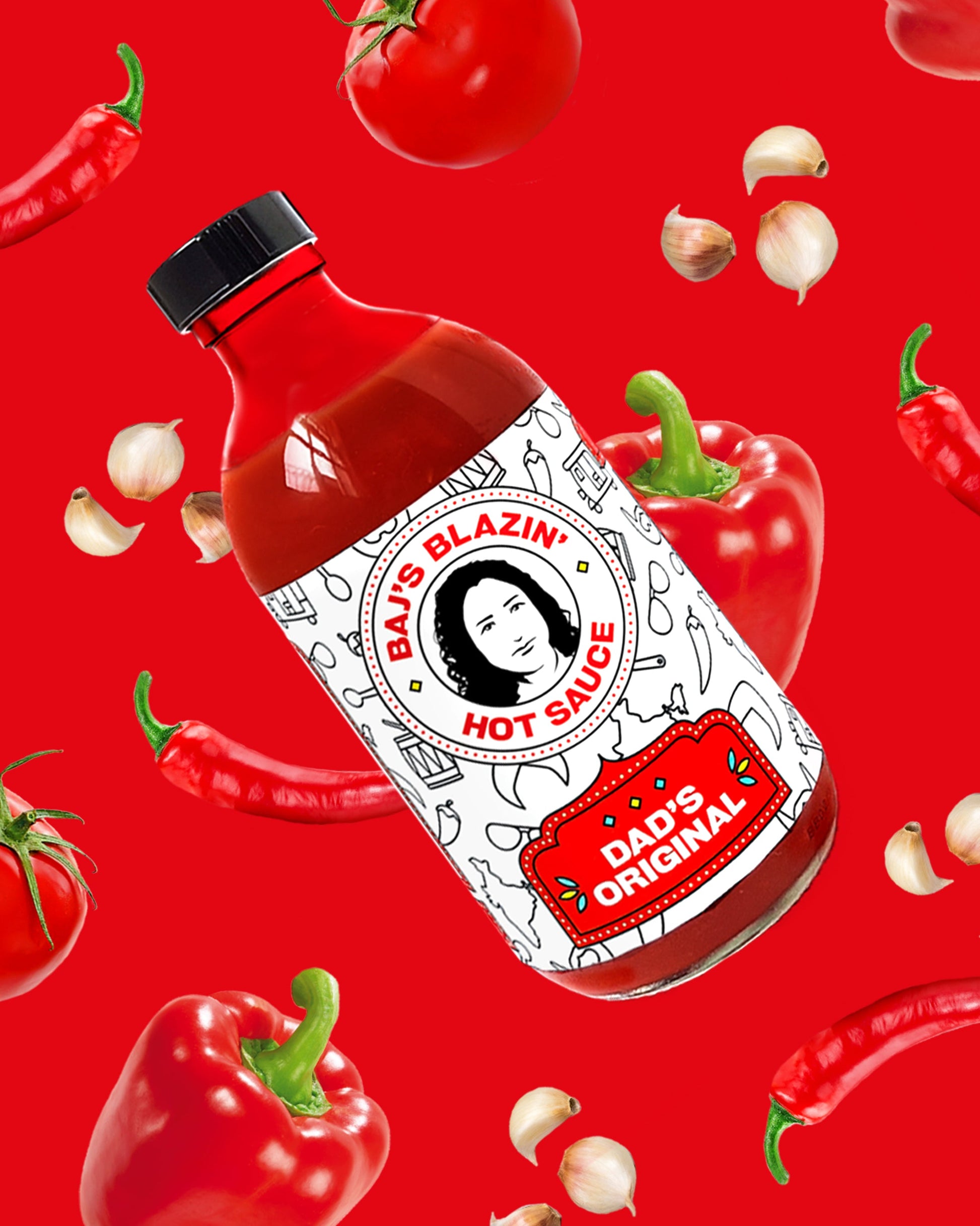 Bajs Blazin’ Hot Sauce Dad's Original artisan hot sauce in a 300ml bottle, featuring vibrant label and fiery flavor.
