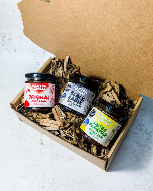 Easton Chilli Favourites Chilli Jam Bundle featuring assorted spicy chilli jams in a colorful gift set.
