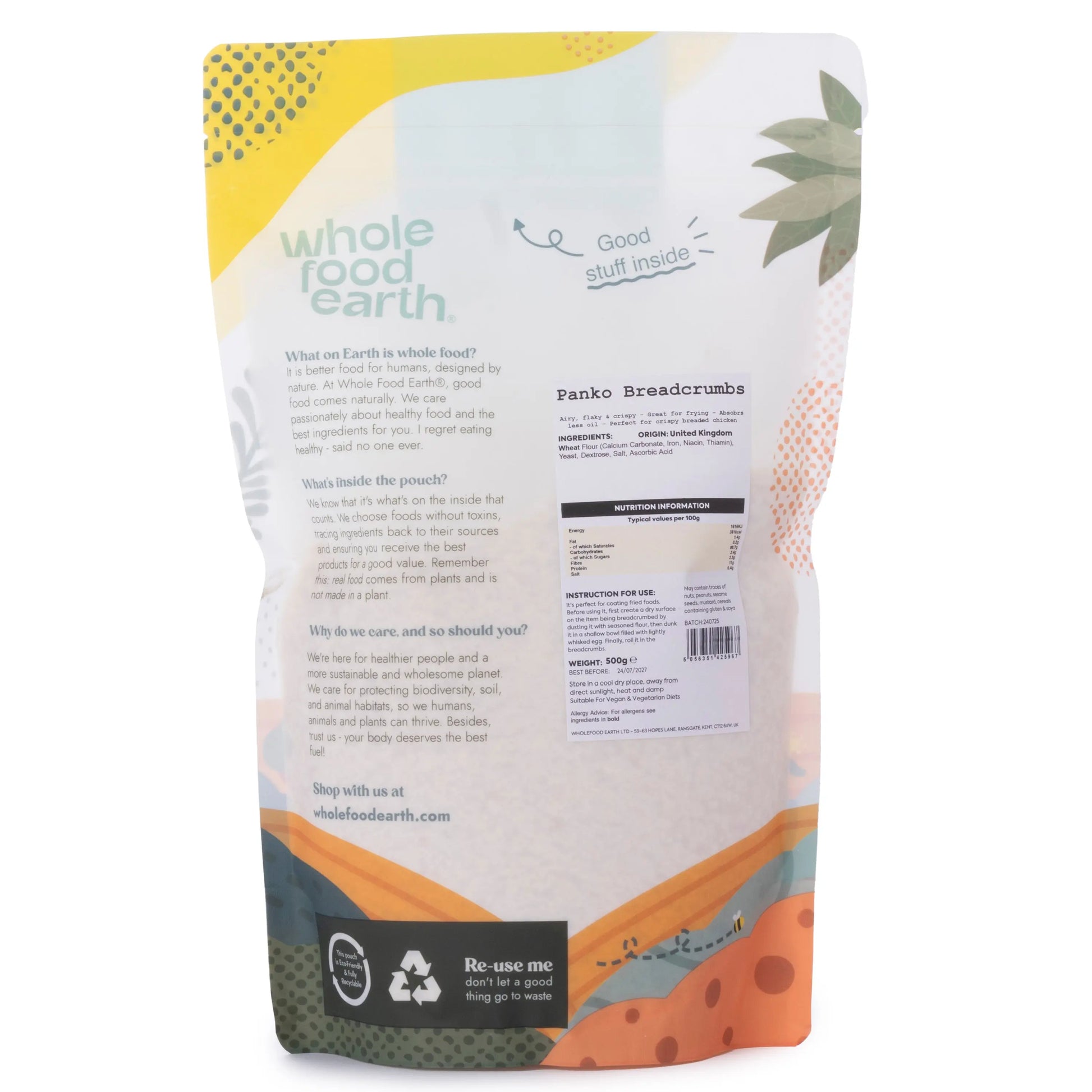 Whole Food Earth Panko Breadcrumbs in a 500g package, used as a cooking and baking ingredient, with crispy texture visible.
