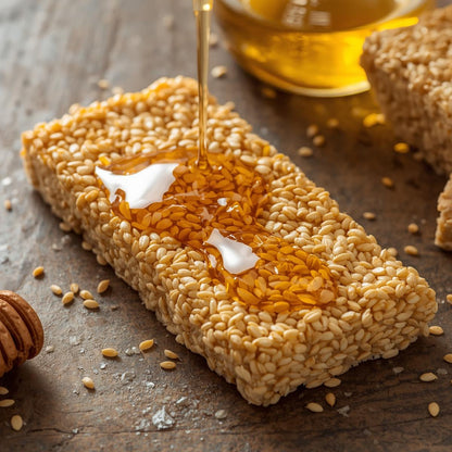 Greek Sesame Snack Bar with pure honey by The Greek Deli Club, showing golden sesame seeds and honey drizzle.