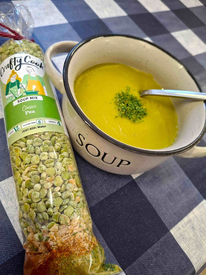 Crafty Cook Easy Meals family recipe plan box with pea soup mix and cooking instructions, designed for quick, nutritious family meals.