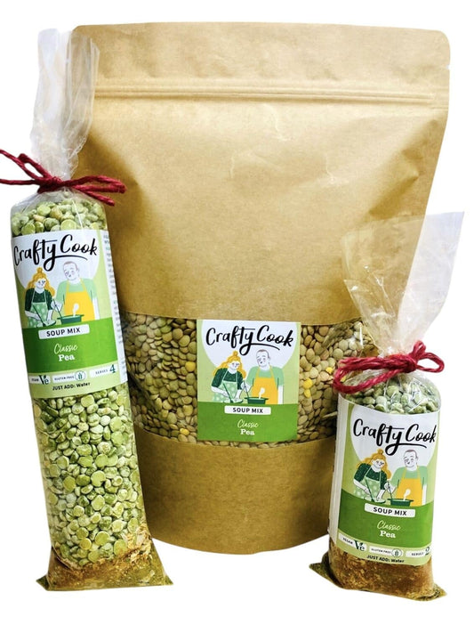 Allergy-friendly Crafty Cook pea soup mix with dried green peas, perfect for gluten-free vegetarian meals.