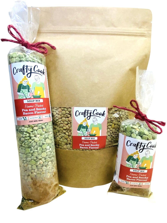 Crafty Cook pea and smoky bacon flavor soup mix in a resealable pouch, gluten-free and vegan suitable, ready for cooking.