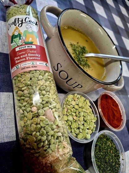 Crafty Cook Easy Meals starter plan featuring pea and smoky bacon flavored soup in a bowl with ingredients on a kitchen counter.