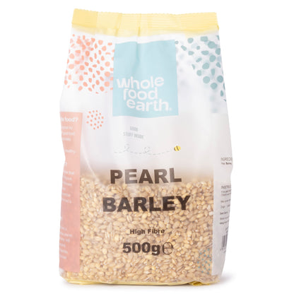 Whole Food Earth pearl barley in a 500g package, showing the light-colored, rounded grains of this natural flour and grain product.