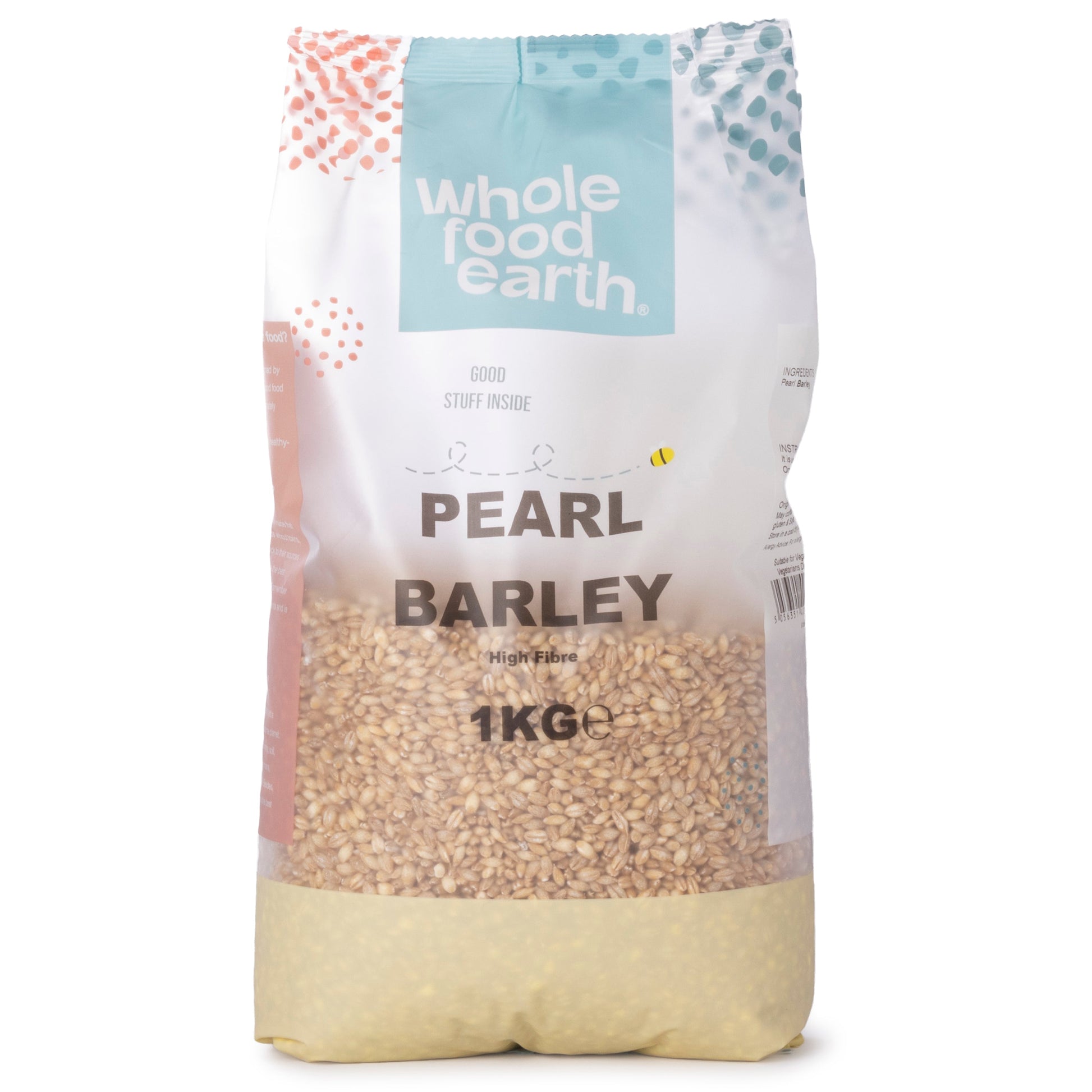 Whole Food Earth pearl barley in a 1kg package, showing the light-colored, rounded grains of this versatile flour and grain product.