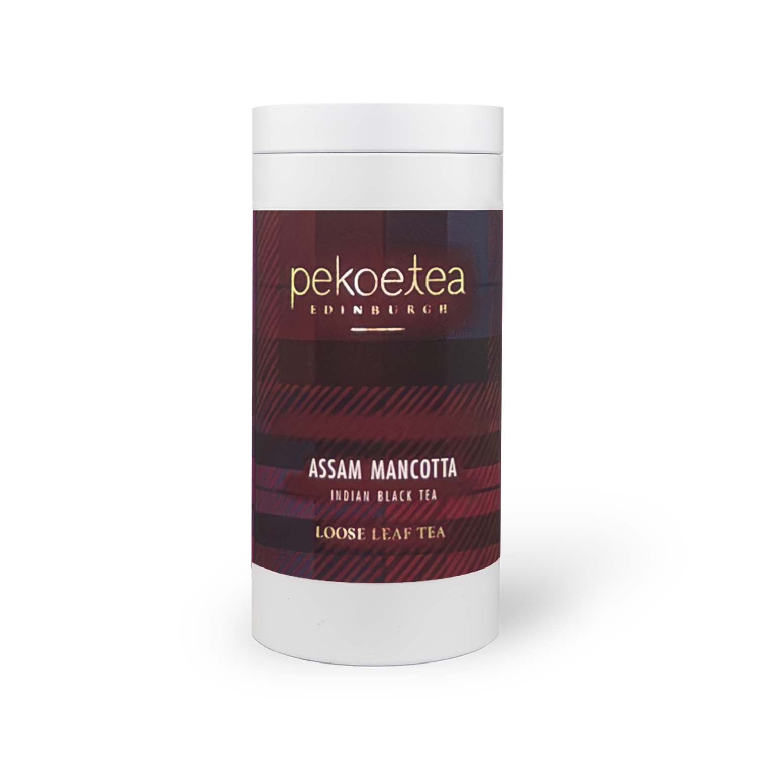 PekoeTea Edinburgh Assam Mancotta tea in a caddy, showcasing dark tea leaves and packaging with the brand logo.
