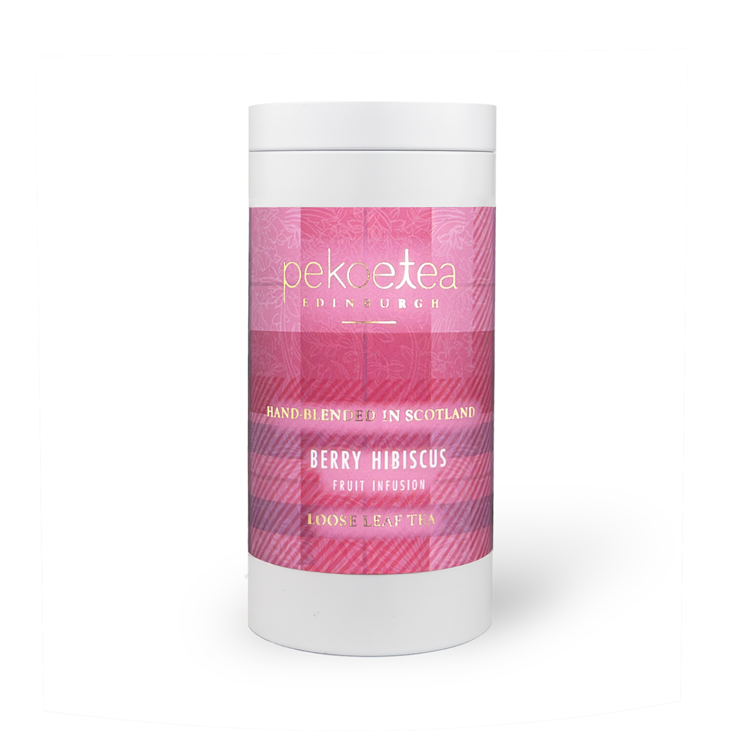 PekoeTea Edinburgh Berry Hibiscus Fruit Infusion tea caddy with colorful berry and hibiscus tea blend packaging.