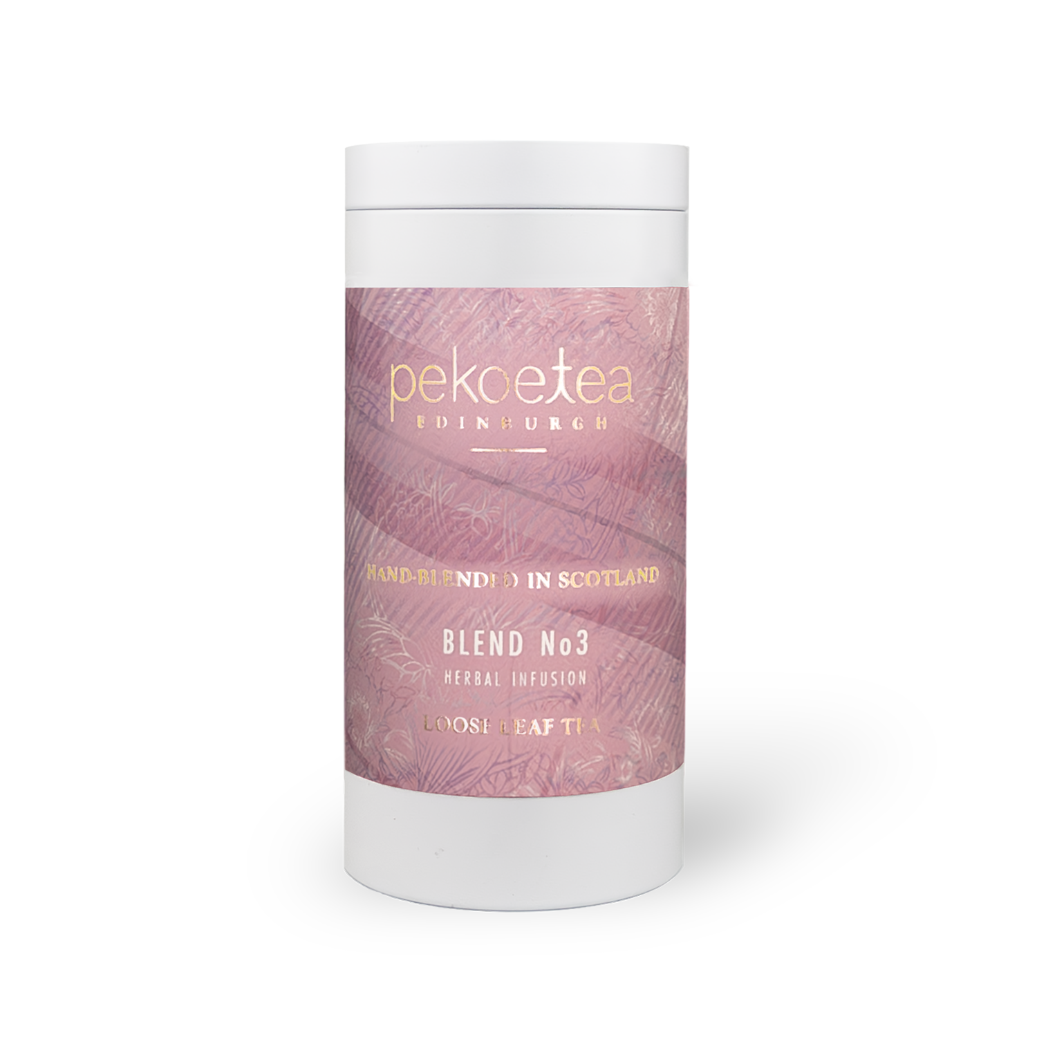 PekoeTea Edinburgh Blend No. 3 tea in a decorative caddy, showcasing loose tea leaves and packaging details.