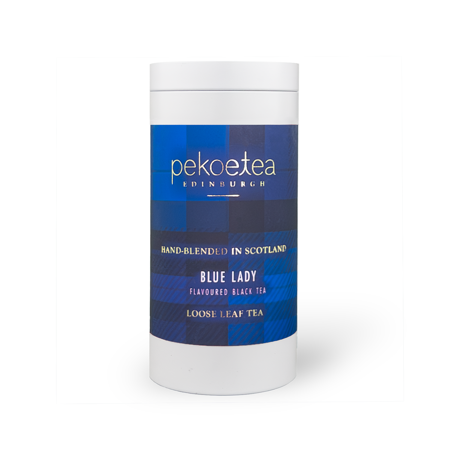 Blue Lady flavored black tea from PekoeTea Edinburgh, loose leaf tea in a decorative caddy with blue and silver packaging.