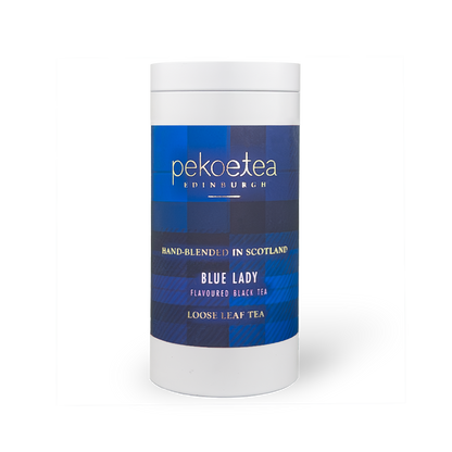 Blue Lady flavored black tea from PekoeTea Edinburgh, loose leaf tea in a decorative caddy with blue and silver packaging.