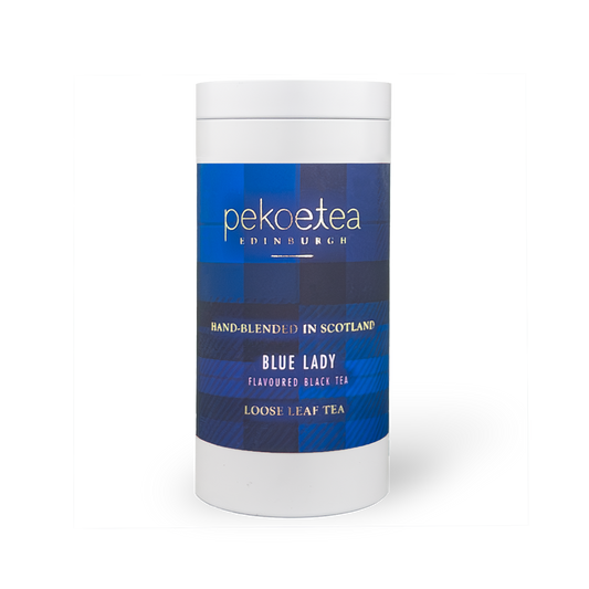 Blue Lady flavored black tea from PekoeTea Edinburgh, loose leaf tea in a decorative caddy with blue and silver packaging.